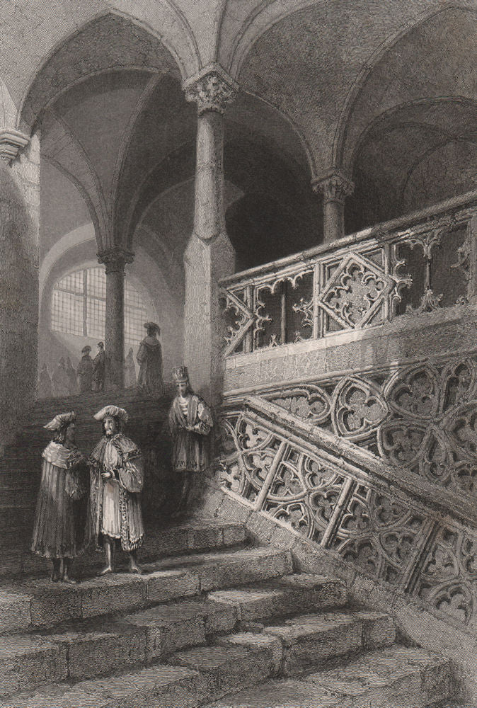 Staircase to the Rathaus, Regensburg, Bavaria. Danube Donau. BARTLETT 1840